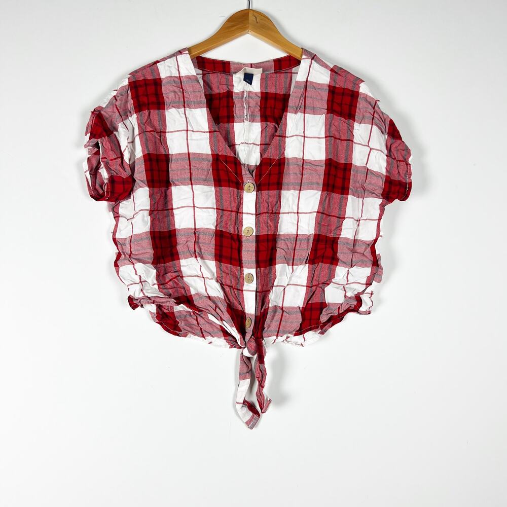 Universal Thread red white plaid tie waist short sleeve blouse Size Large